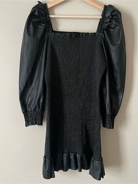 AllSaints Black Smocked Mini Dress with Puff Leather-Look Sleeves